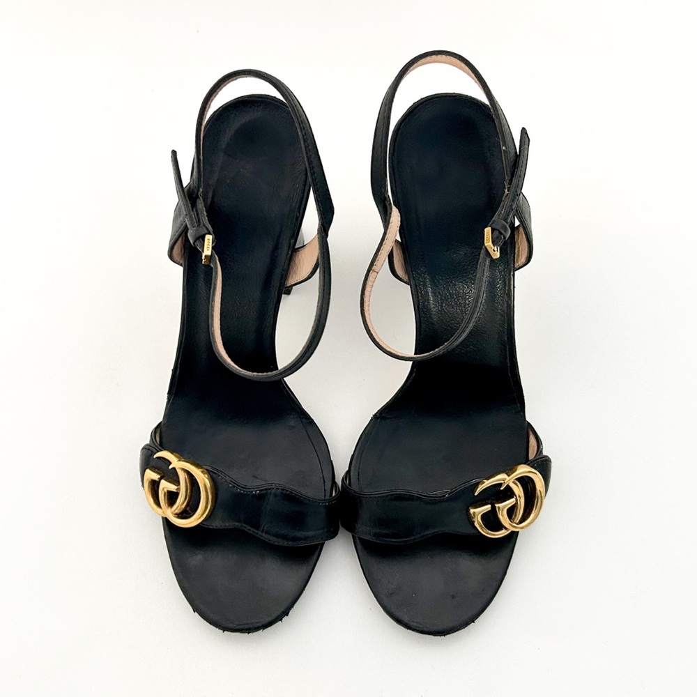 Gucci Marmont GG Logo High Block Heel Ankle Strap Sandals Black Leather EU 39.5 - Picture 2 of 10